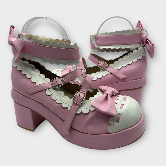 Vintage Pink White Scallop Bow hook eye Buckle Chunky Heel Mary Janes 23.5 US 7 - Picture 1 of 11